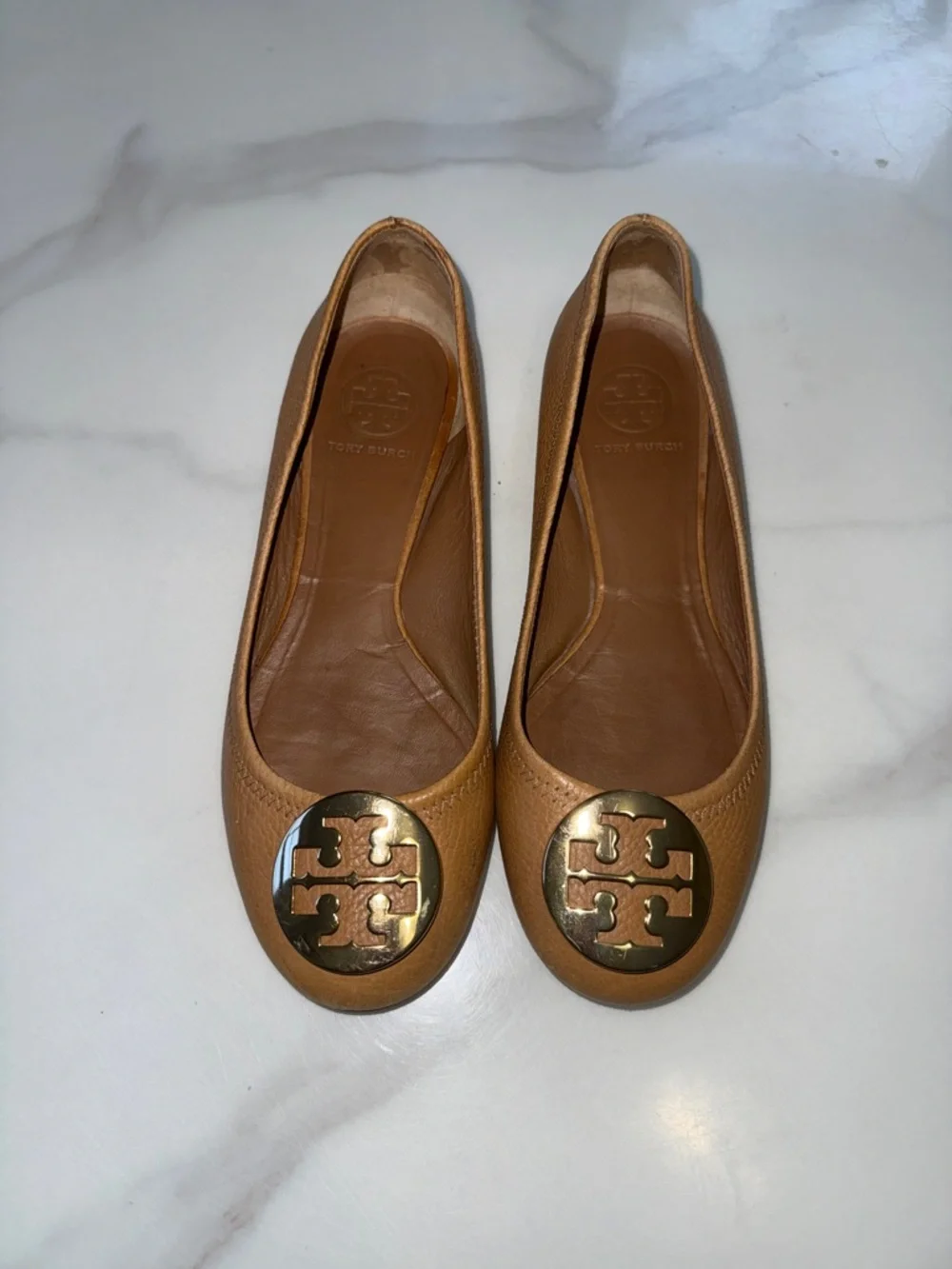 Tory Burch Cognac Leather Logo Ballet Flats